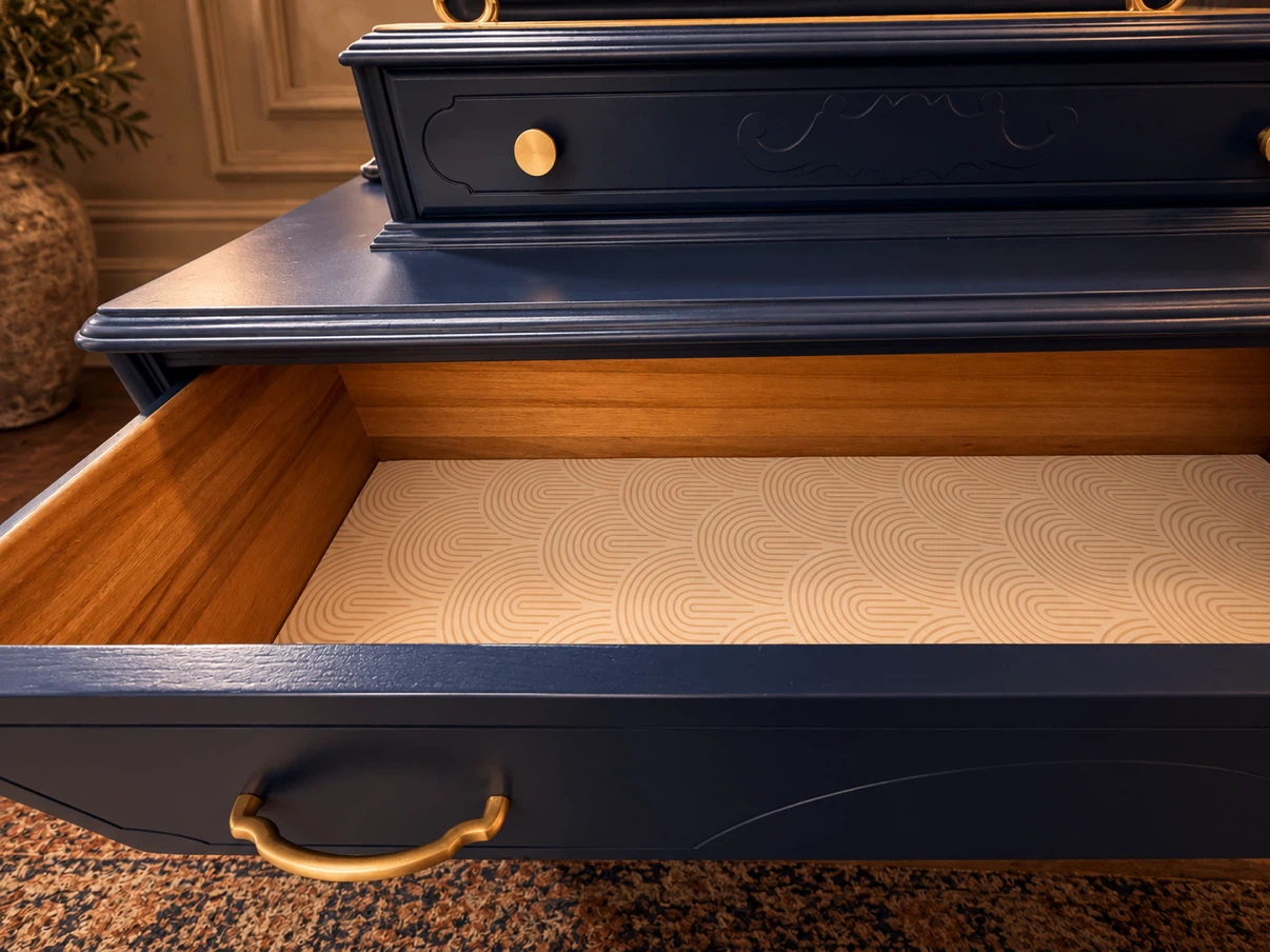 Vintage Navy Blue Vanity with Mirror & Brass Hardware - photo 4