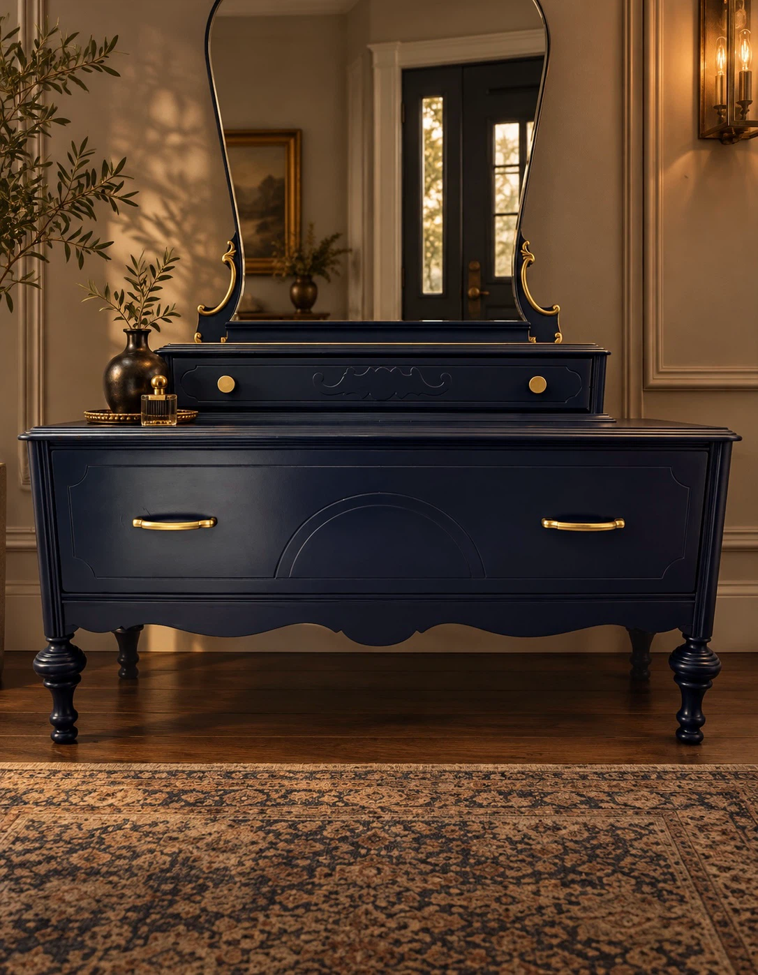 Vintage Navy Blue Vanity with Mirror & Brass Hardware - photo 5