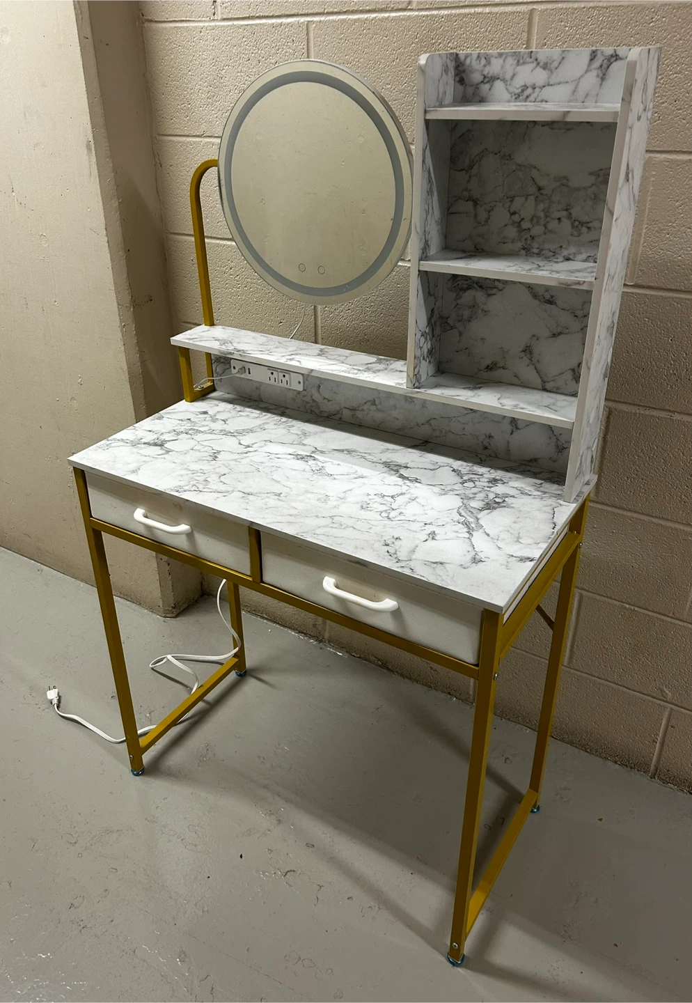 Marble-Finish Vanity with LED Mirror and Power Outlets