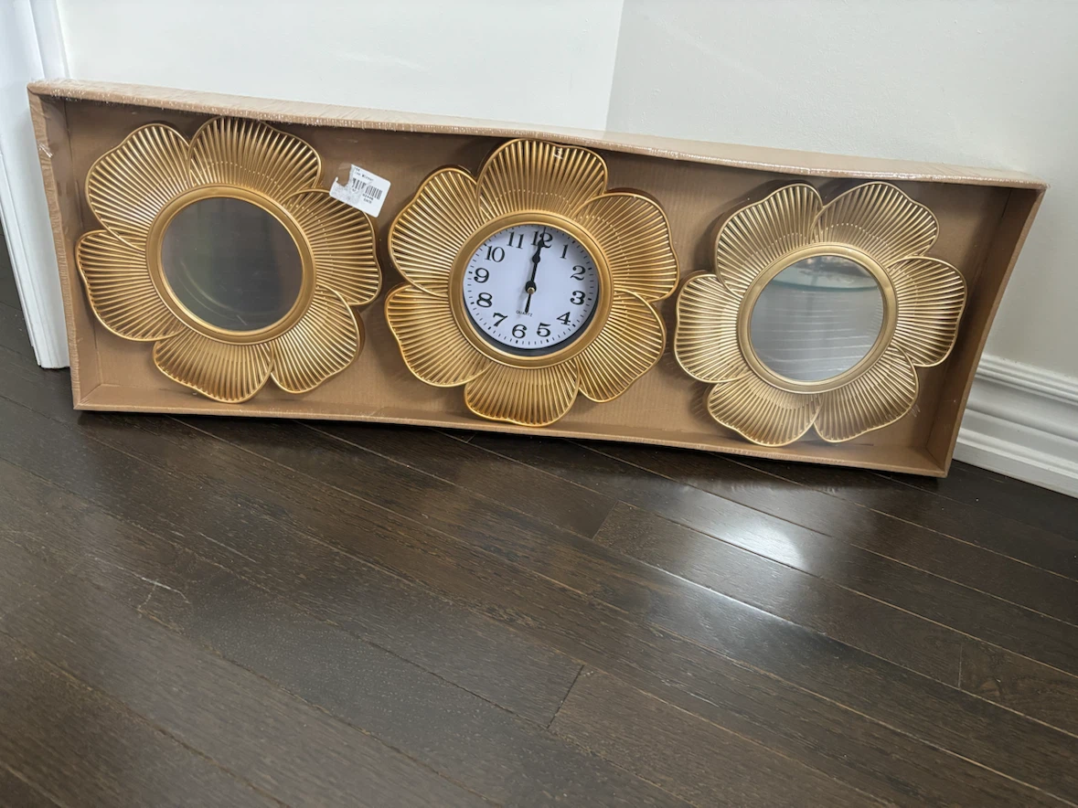 Gold Flower Wall Clock and Mirror Set