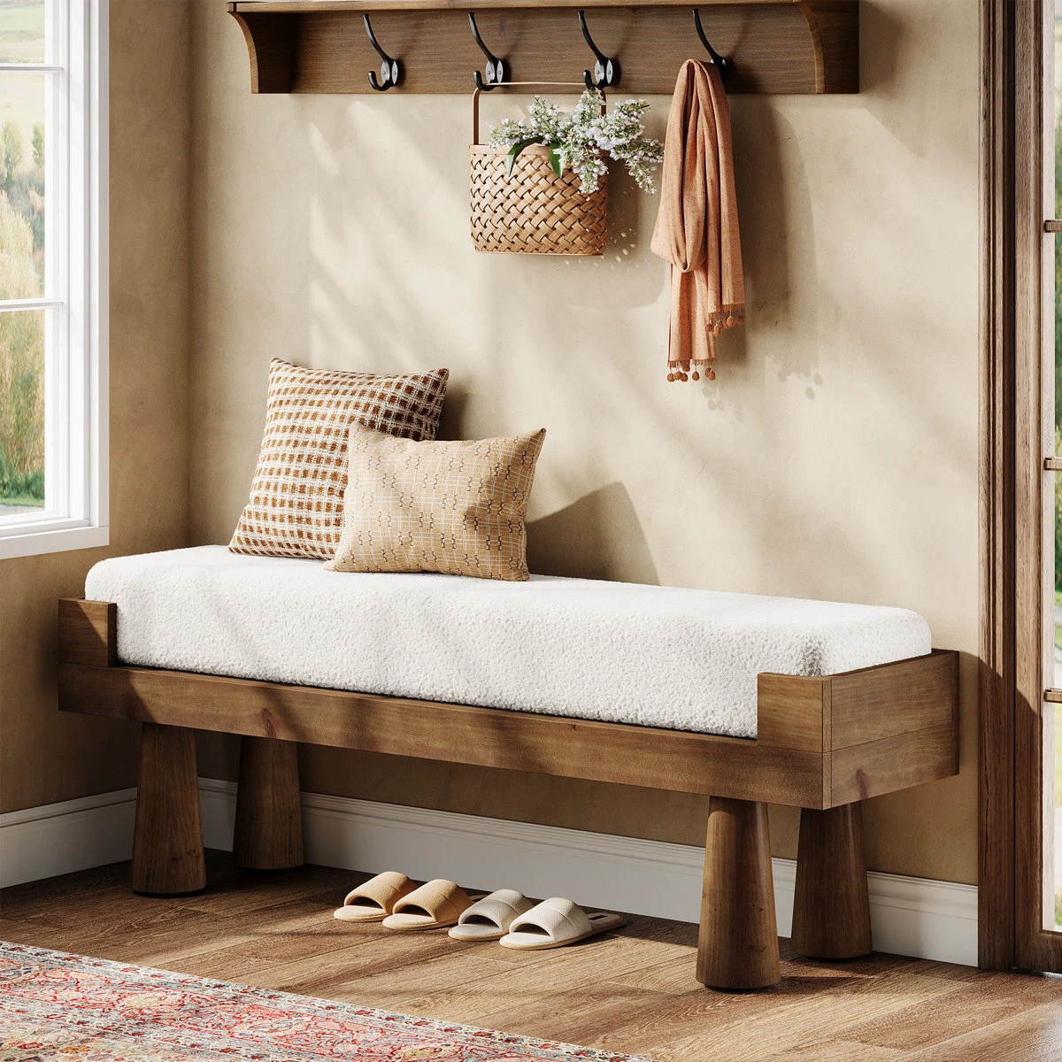 Solid Wood Bench with White Upholstered Top