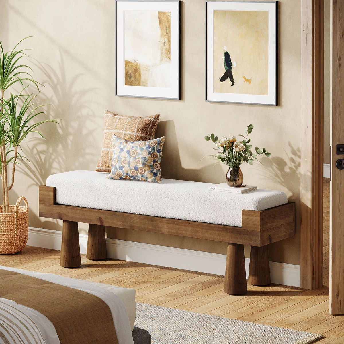 Solid Wood Bench with White Upholstered Top - photo 2
