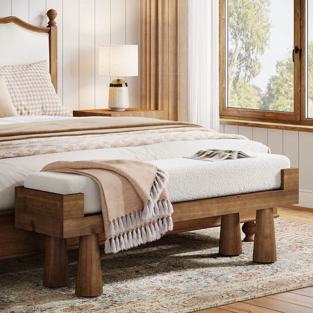 Solid Wood Bench with White Upholstered Top - photo 3