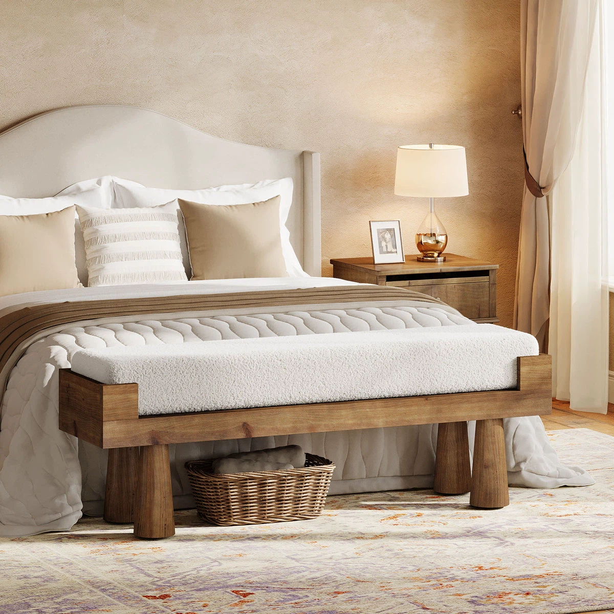 Solid Wood Bench with White Upholstered Top - photo 4