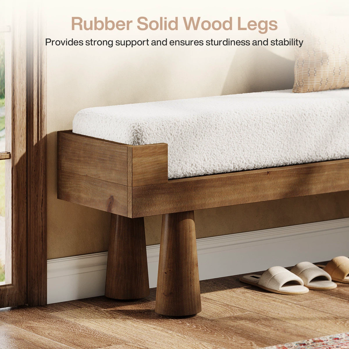 Solid Wood Bench with White Upholstered Top - photo 5