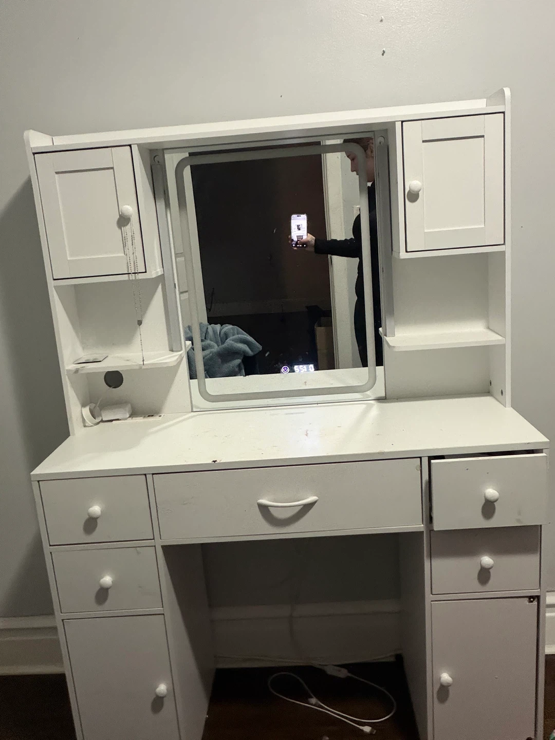 White Vanity Desk with LED Lighted Mirror