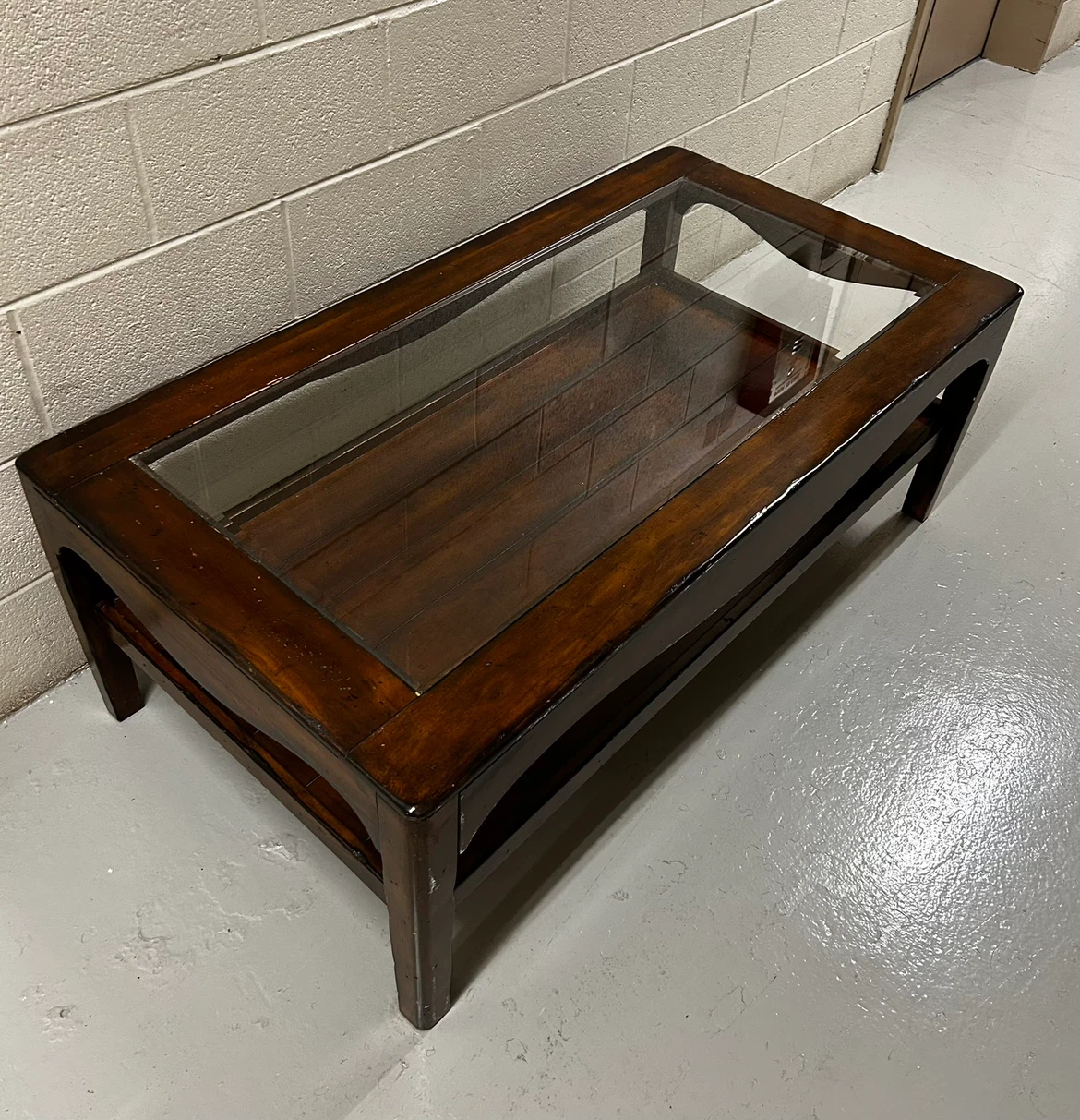 Large Wooden Coffee Table with Glass Top