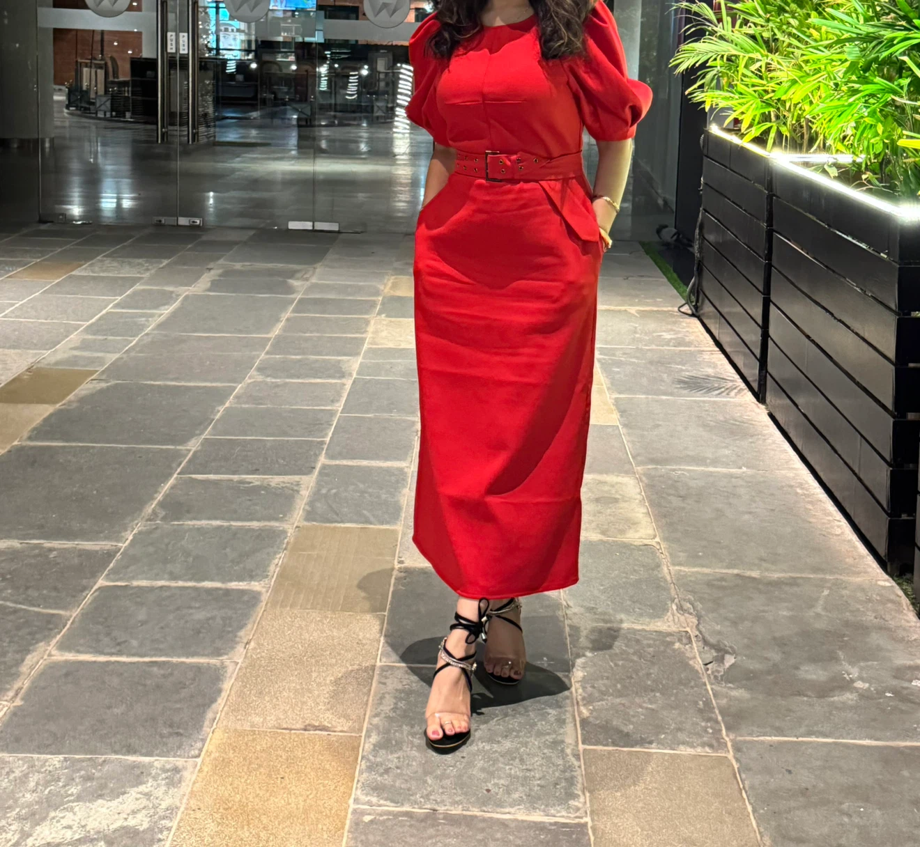Ted Baker Red Puff-Sleeve Midi Dress with Belt