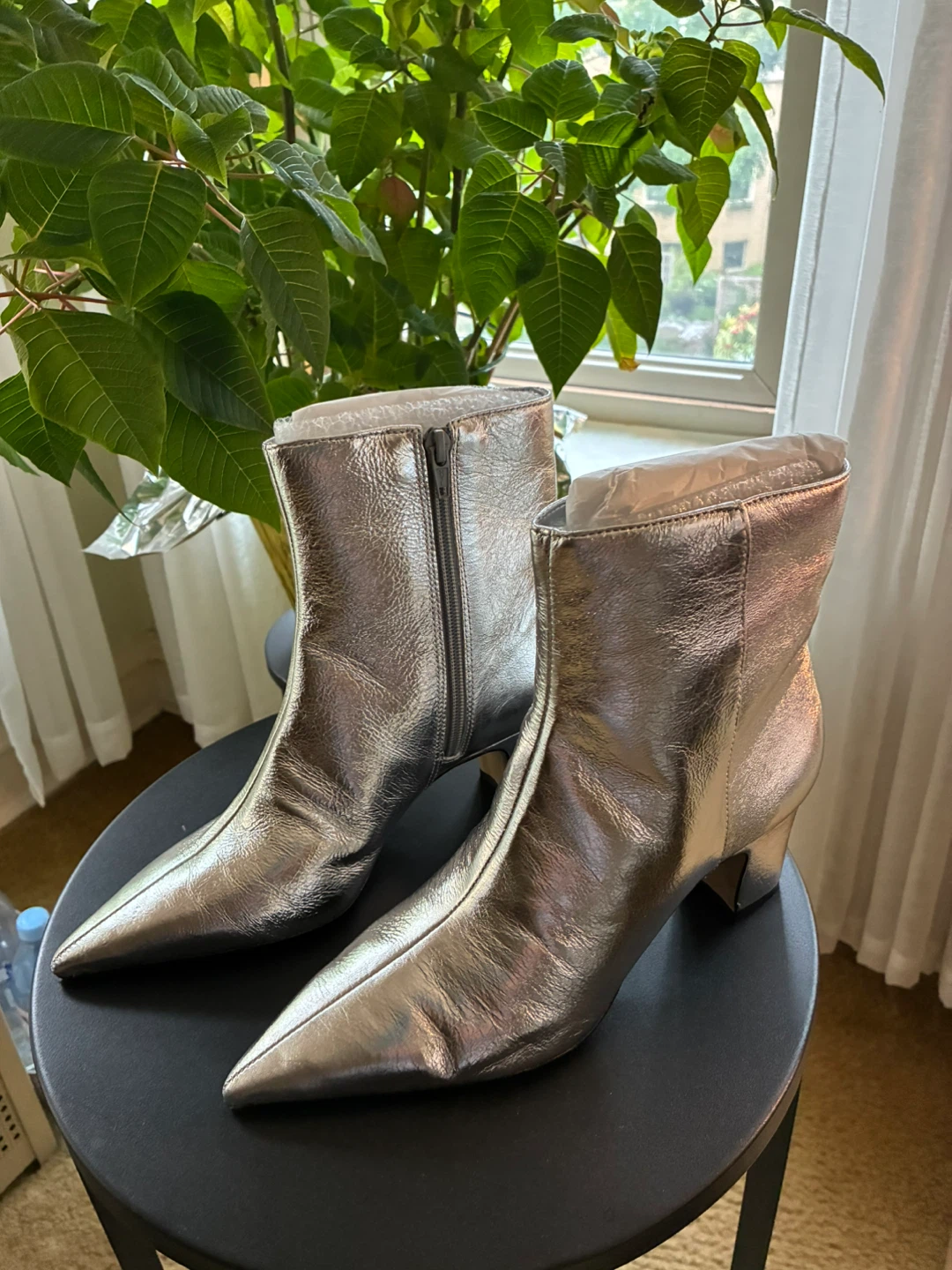 Arezzo Jemma Mid-Block Leather Booties Silver