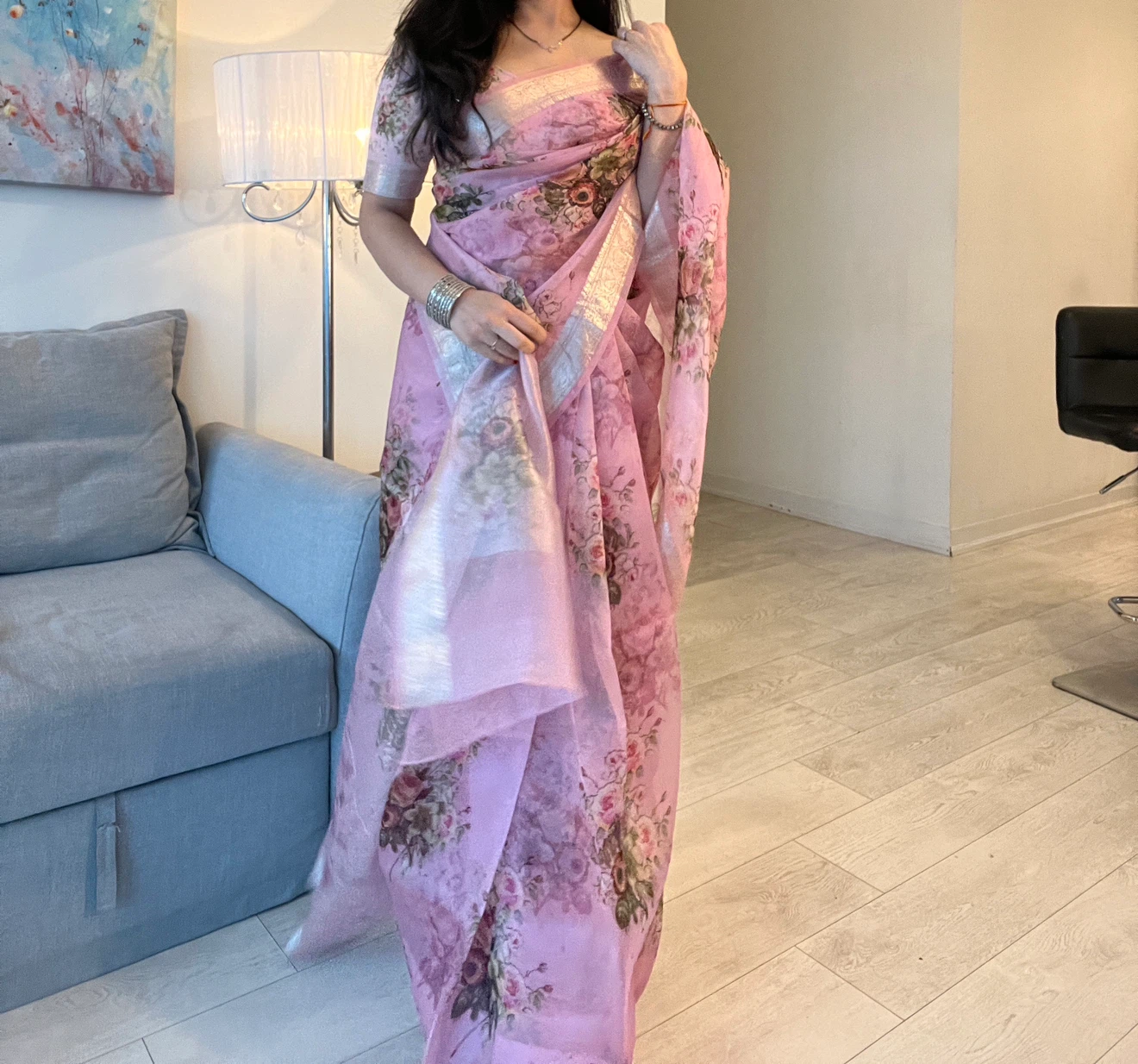 Floral Pink Organza Saree