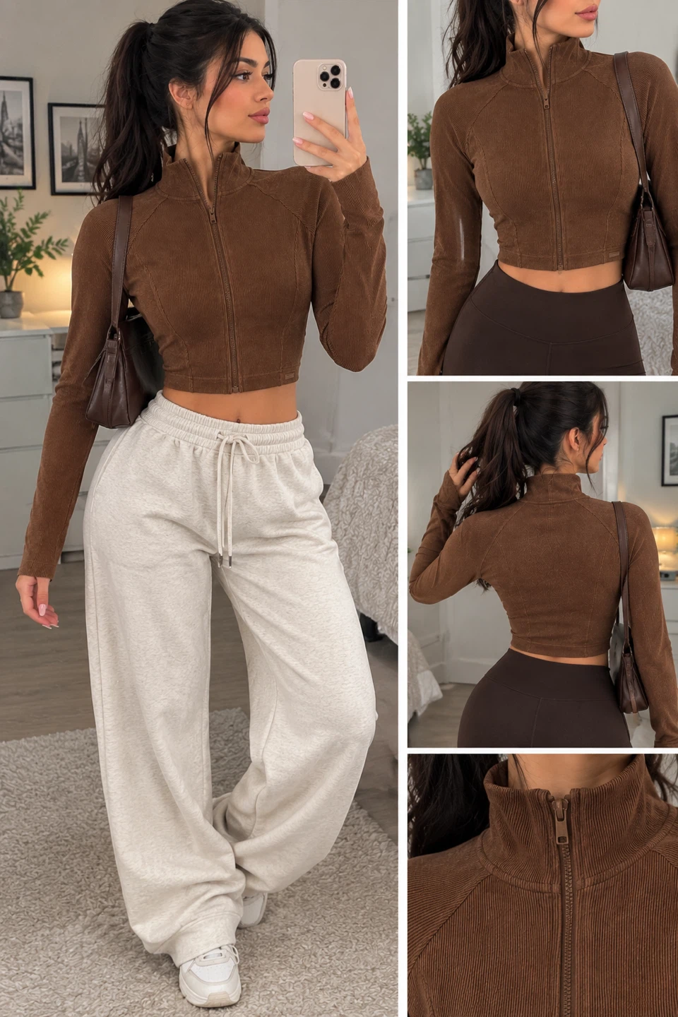 Brown Ribbed Zip-Up Cropped Jacket size M