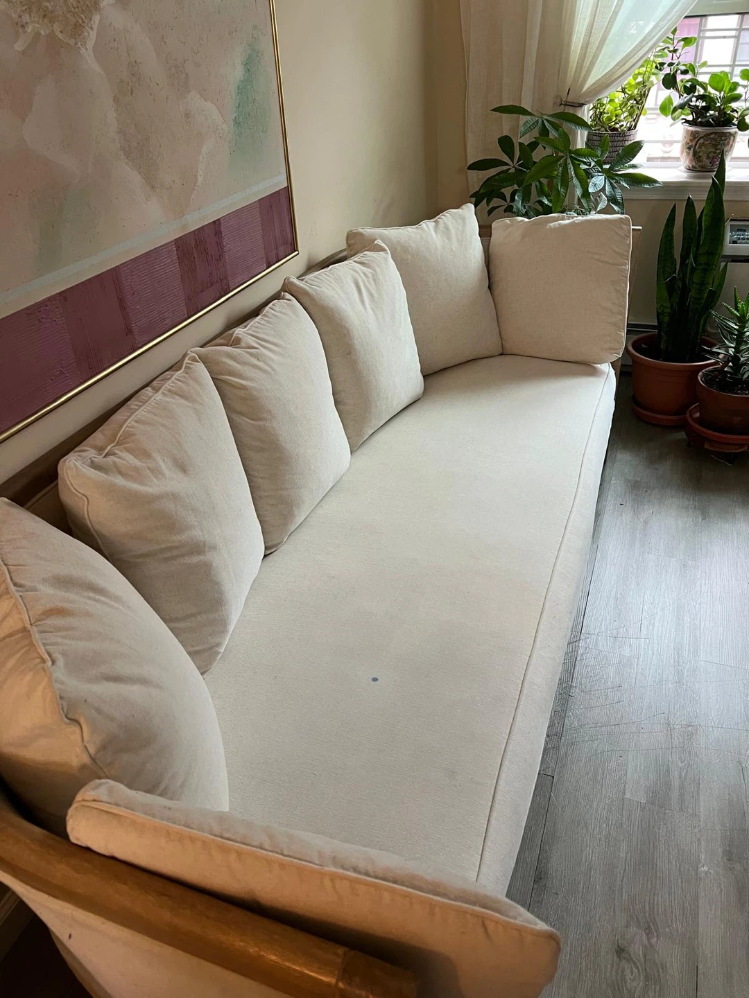 Curved Linen Sofa with Exposed Wood Frame - photo 2