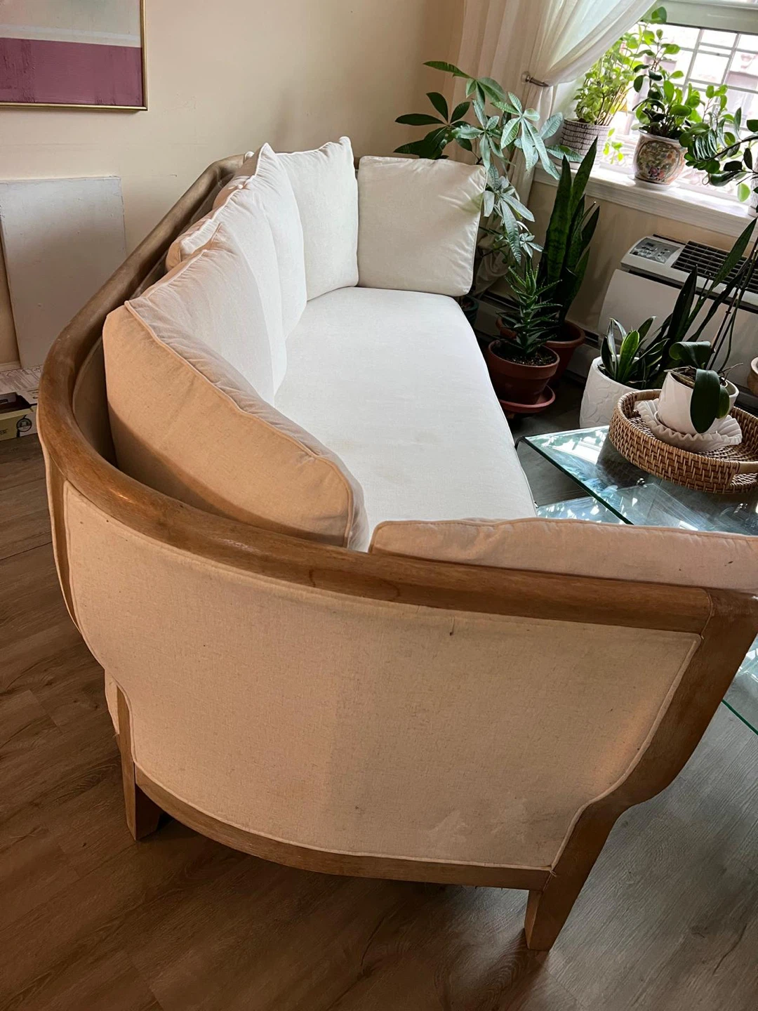 Curved Linen Sofa with Exposed Wood Frame - photo 3