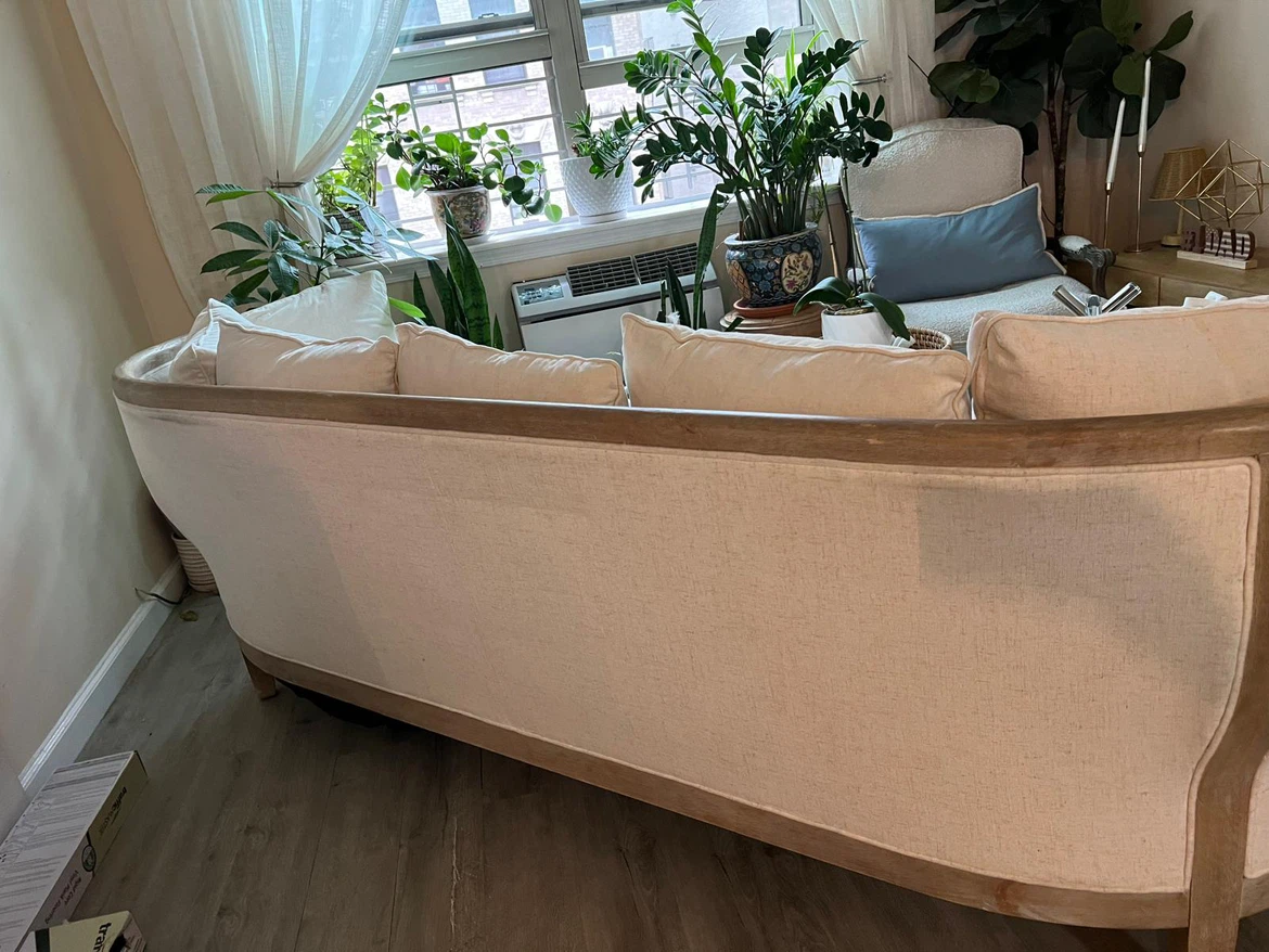 Curved Linen Sofa with Exposed Wood Frame - photo 4