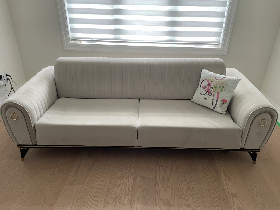 2 long  sofas 1 arm chair Modern Grey Sofa and Blue Armchair Set