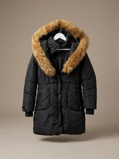 Black Winter Parka with Faux Fur Hood