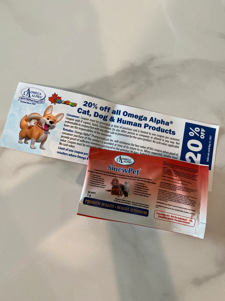 Omega alpha Sinew pet sample and coupon