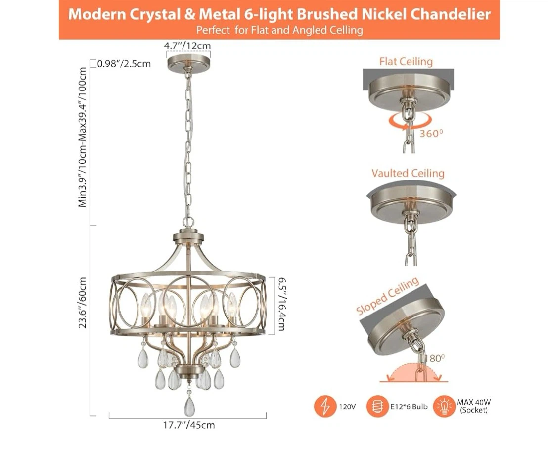 Crystal Chandeliers for Dining Room,17.7" Brushed Nickel - photo 3
