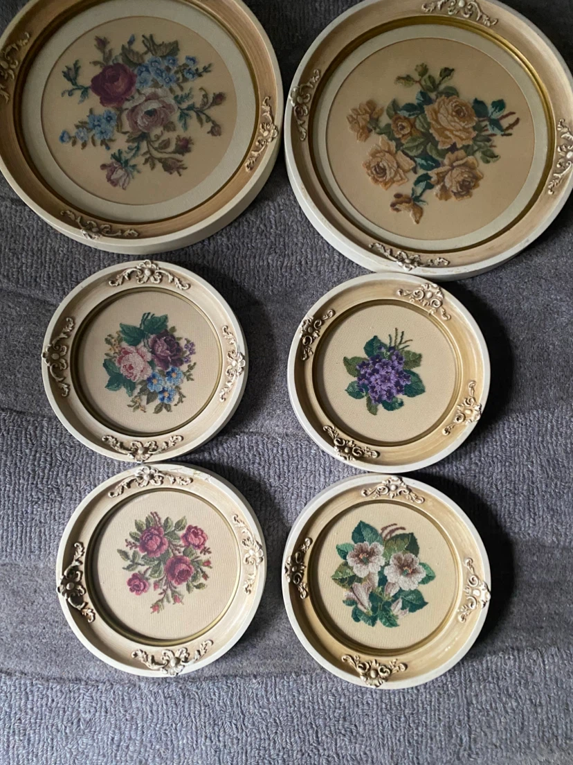 Set of 6 vintage floral cross-stitch wall art signed dated 1957