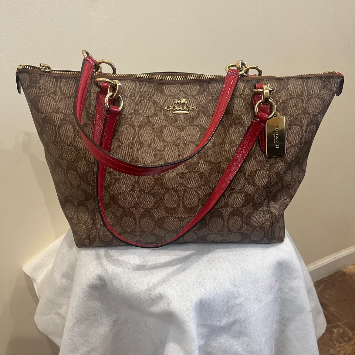 Authentic Coach Signature Canvas Tote Bag with Red Accents