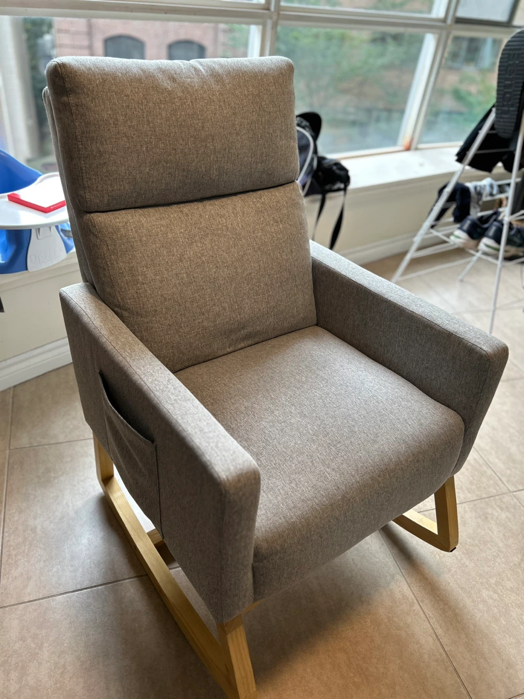 Grey Fabric Rocking Chair with Wooden Base