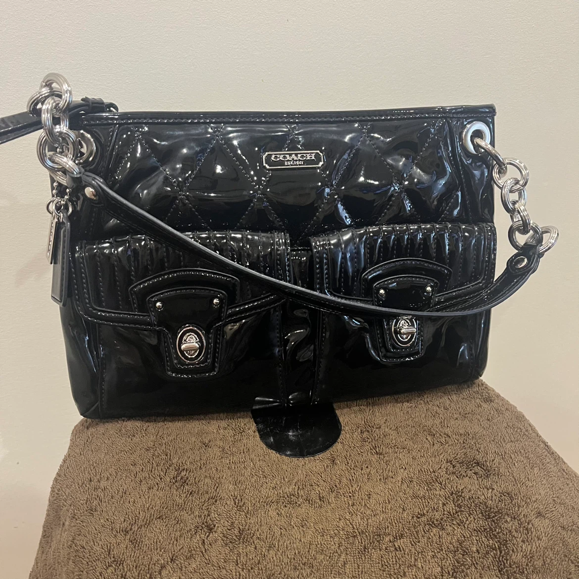 Authentic Black Quilted Patent Leather Coach Handbag