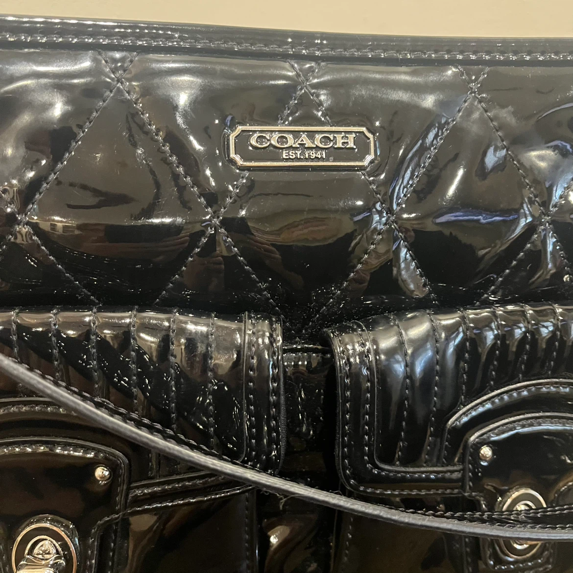 Authentic Black Quilted Patent Leather Coach Handbag - photo 2