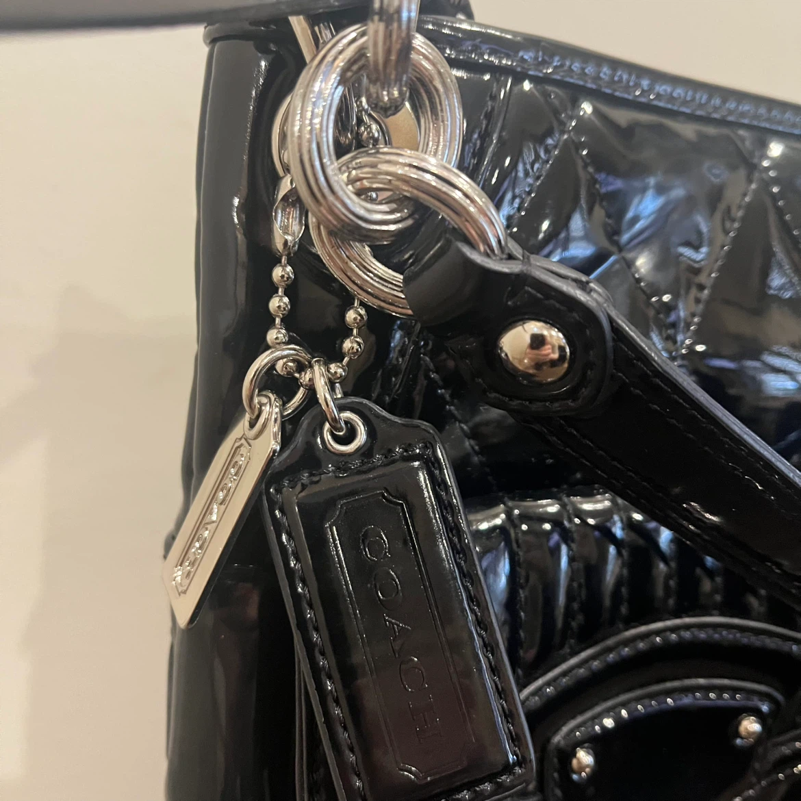 Authentic Black Quilted Patent Leather Coach Handbag - photo 3