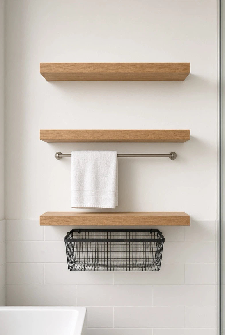 Floating Wall Shelves Set with Towel Bar and Basket - photo 2