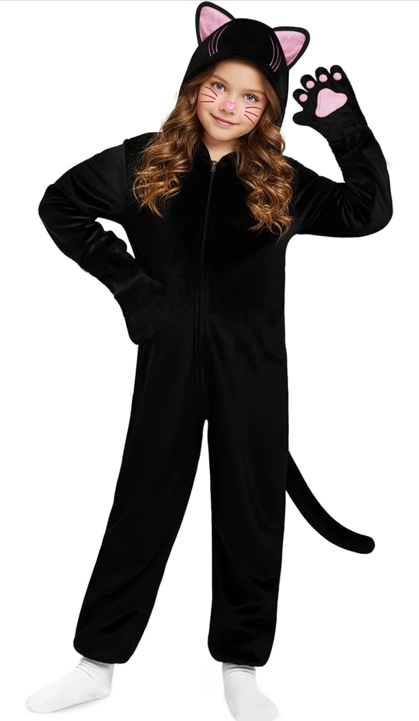 Black Cat Kids Onesie Costume Size M，age 8-10