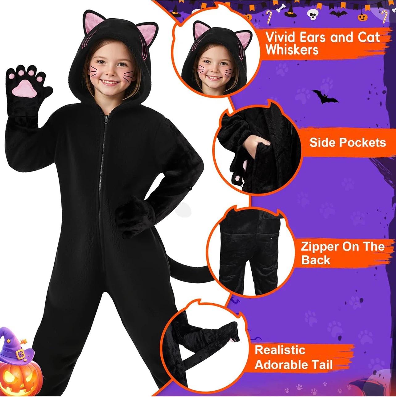 Black Cat Kids Onesie Costume Size M，age 8-10 - photo 2