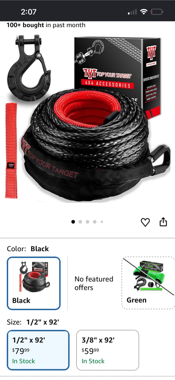 TYT Synthetic Winch Rope Kit 1/2 inch x 92 feet