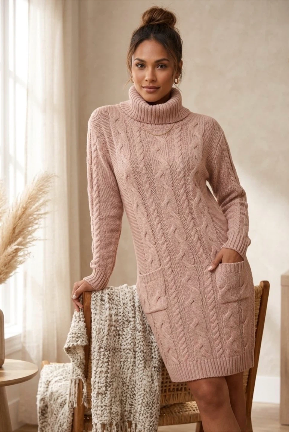 Robert Louis Cable Knit Sweater Dress Pink