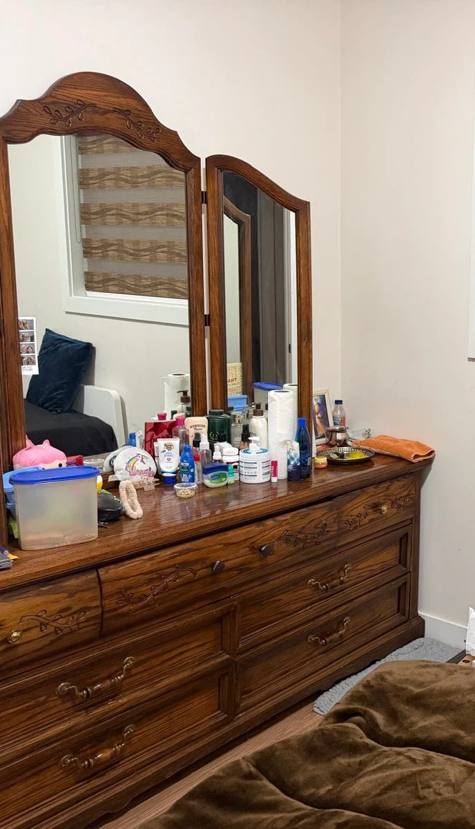 Wooden Dresser with Tri-Fold Mirror