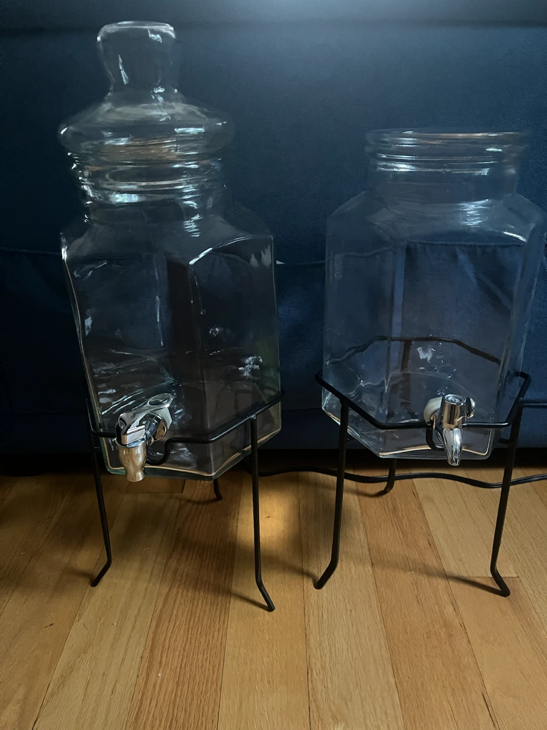 Two Glass Beverage Dispensers with Metal Stands