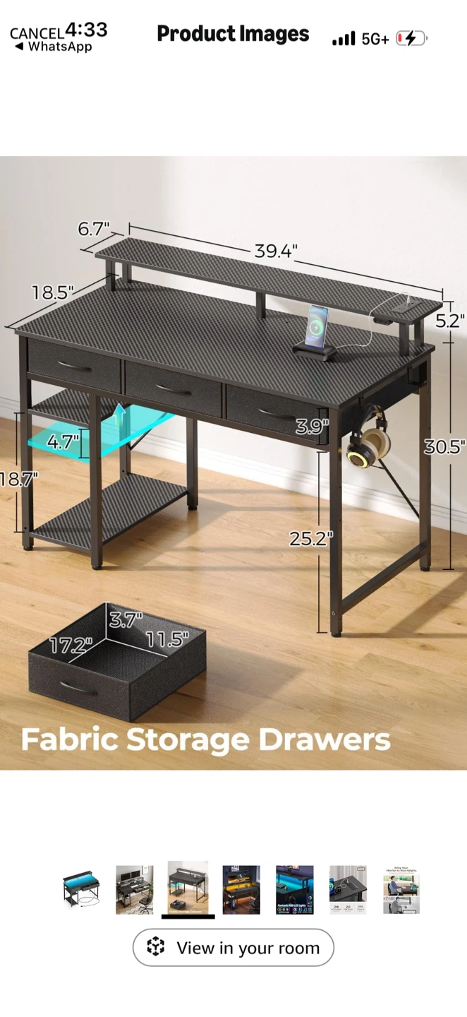 Black Desk with Fabric Drawers and RGB Lights - photo 4