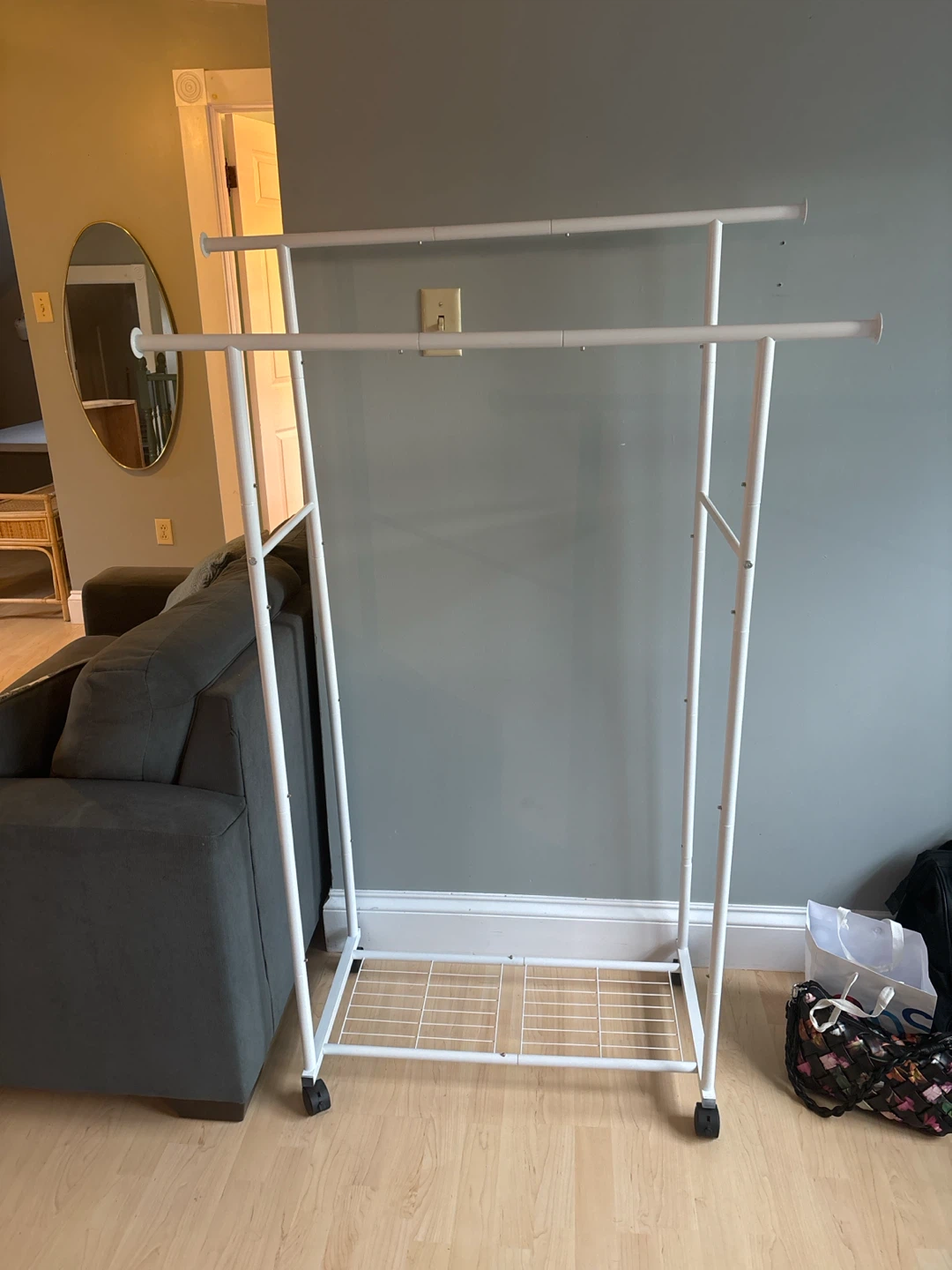 White Double-Rail Rolling Garment Rack