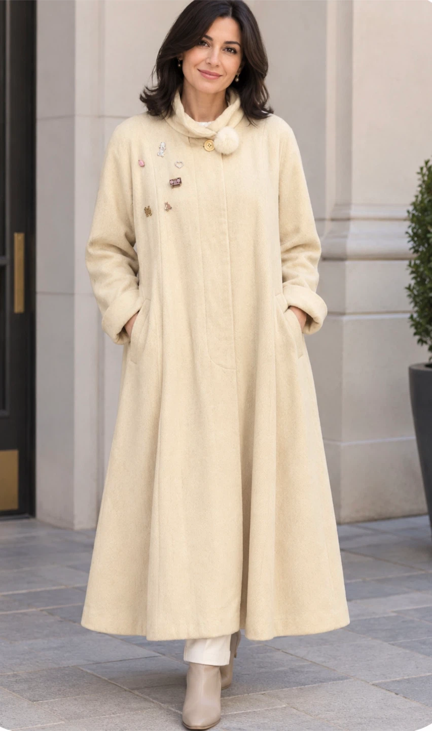 Vintage Cream Wool Blend Long Coat