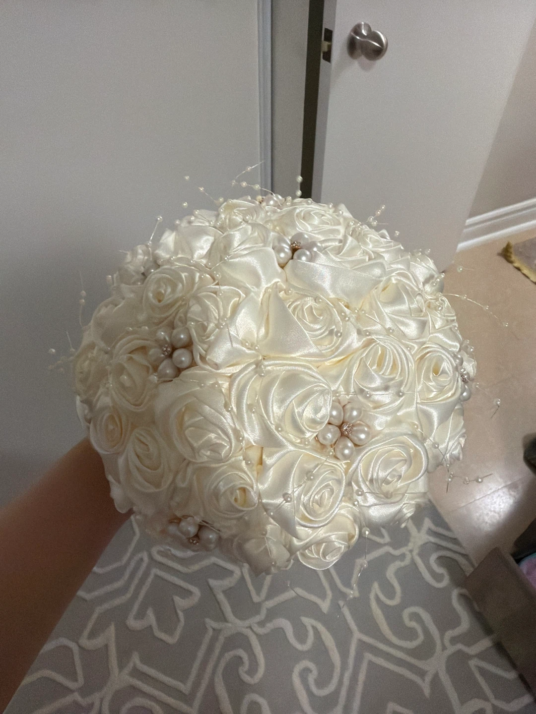 White Satin Ribbon Rose Wedding Bouquet