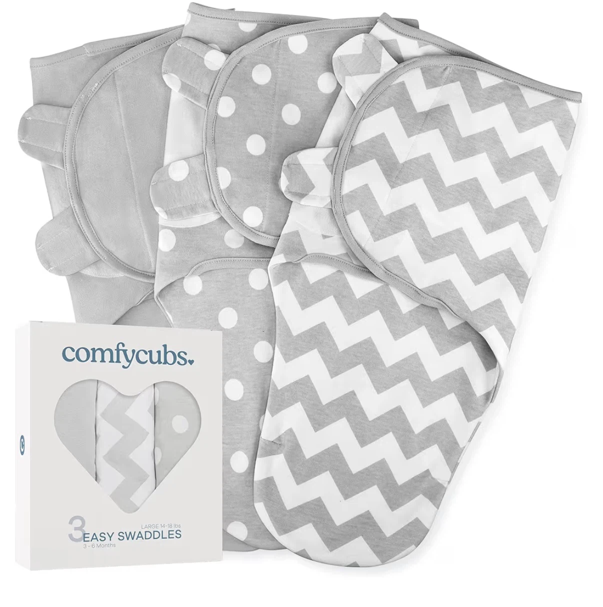 NEW in box Comfy Cubs Easy Swaddle Blanket 3 Pk L - Grey