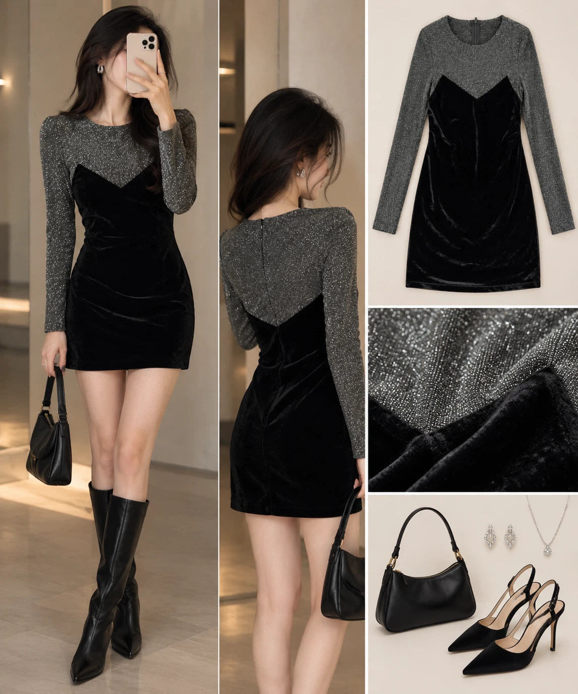 Black Velvet and Shimmer Long Sleeve Dress - photo 3