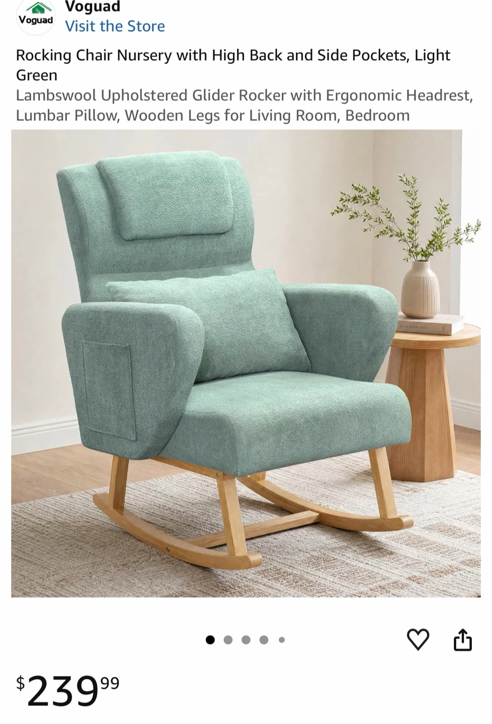 Voguad Light Green Nursery Rocking Chair