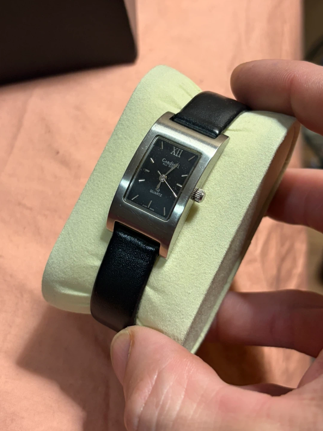 Cardinal black leather strap rectangular quartz watch
