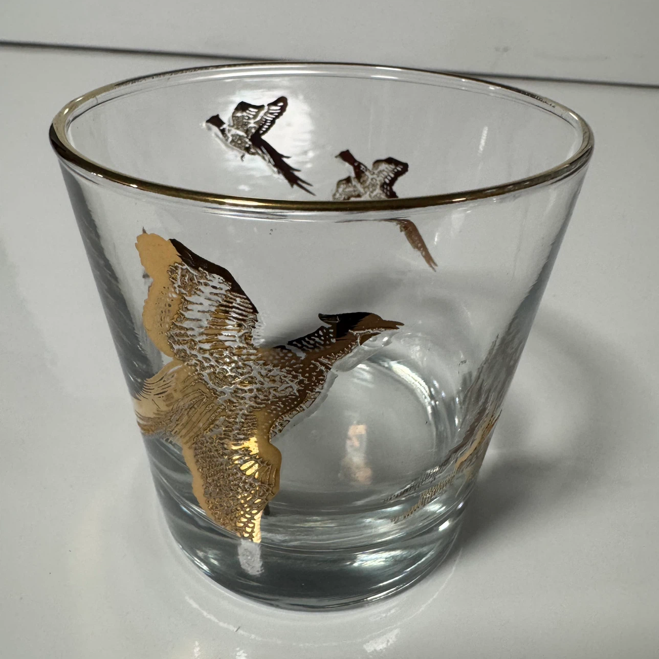 VTG MCM Gold Pheasant Lowball Rocks Glass Hunt Scene Barware
