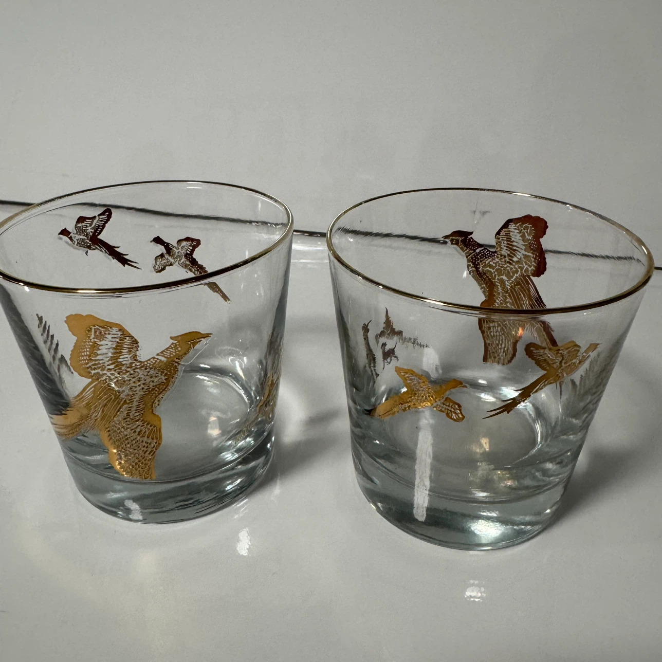 VTG MCM Gold Pheasant Lowball Rocks Glass Hunt Scene Barware - photo 2