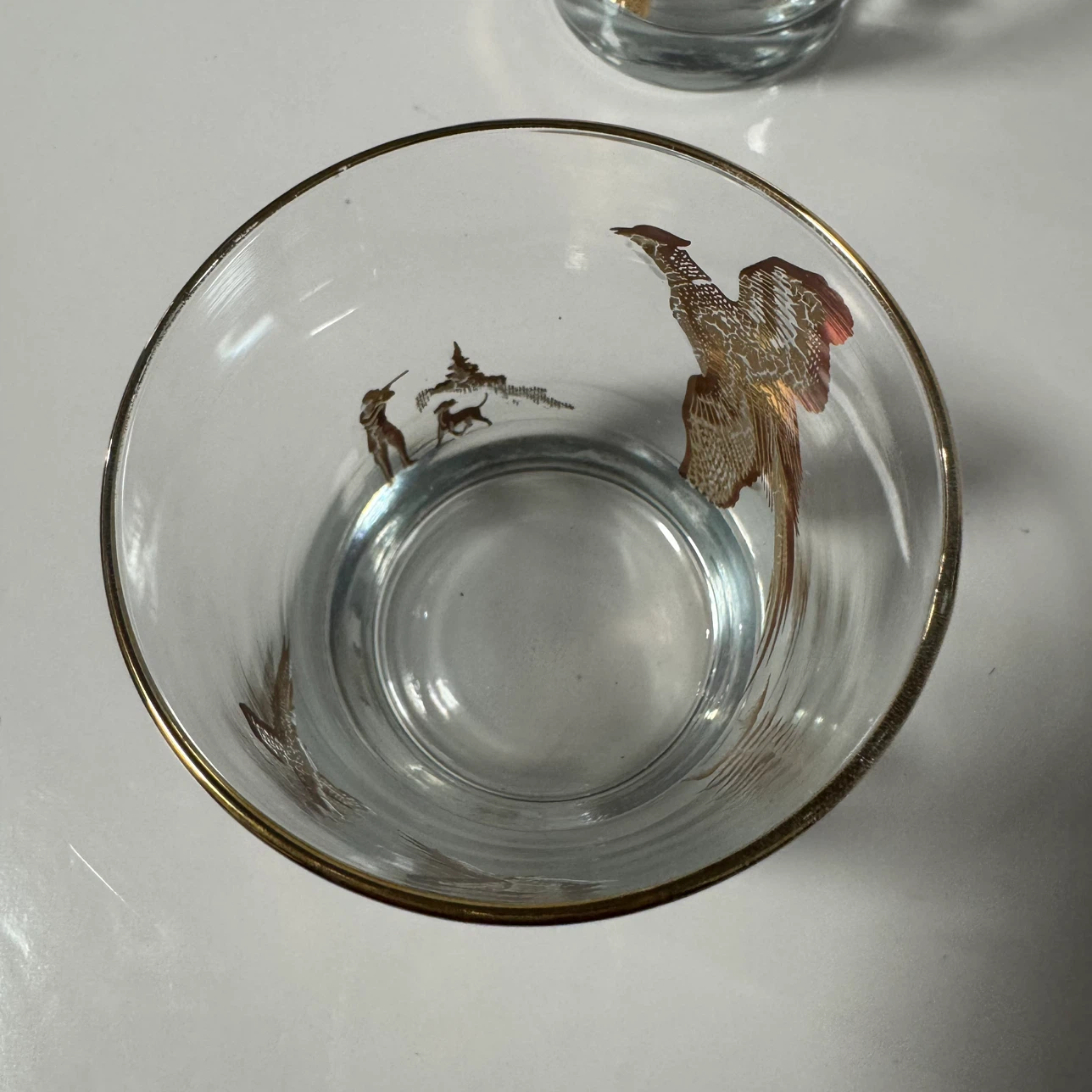 VTG MCM Gold Pheasant Lowball Rocks Glass Hunt Scene Barware - photo 3