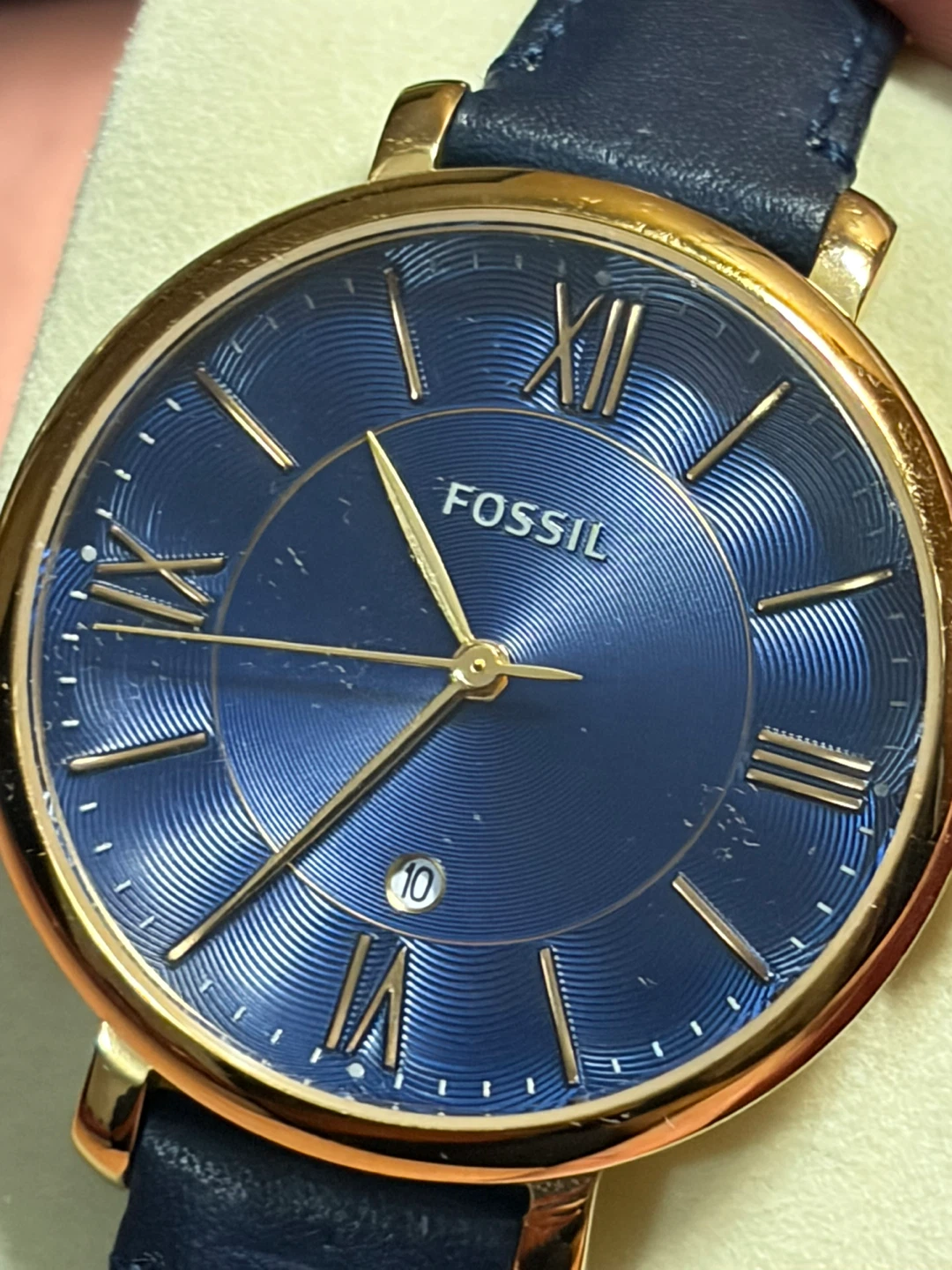 Fossil Jacquline gold case, navy strap & textured dial