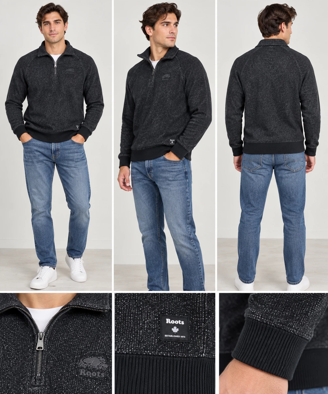 Roots Sweatshirt Men's Medium Charcoal Black Quarter Zip