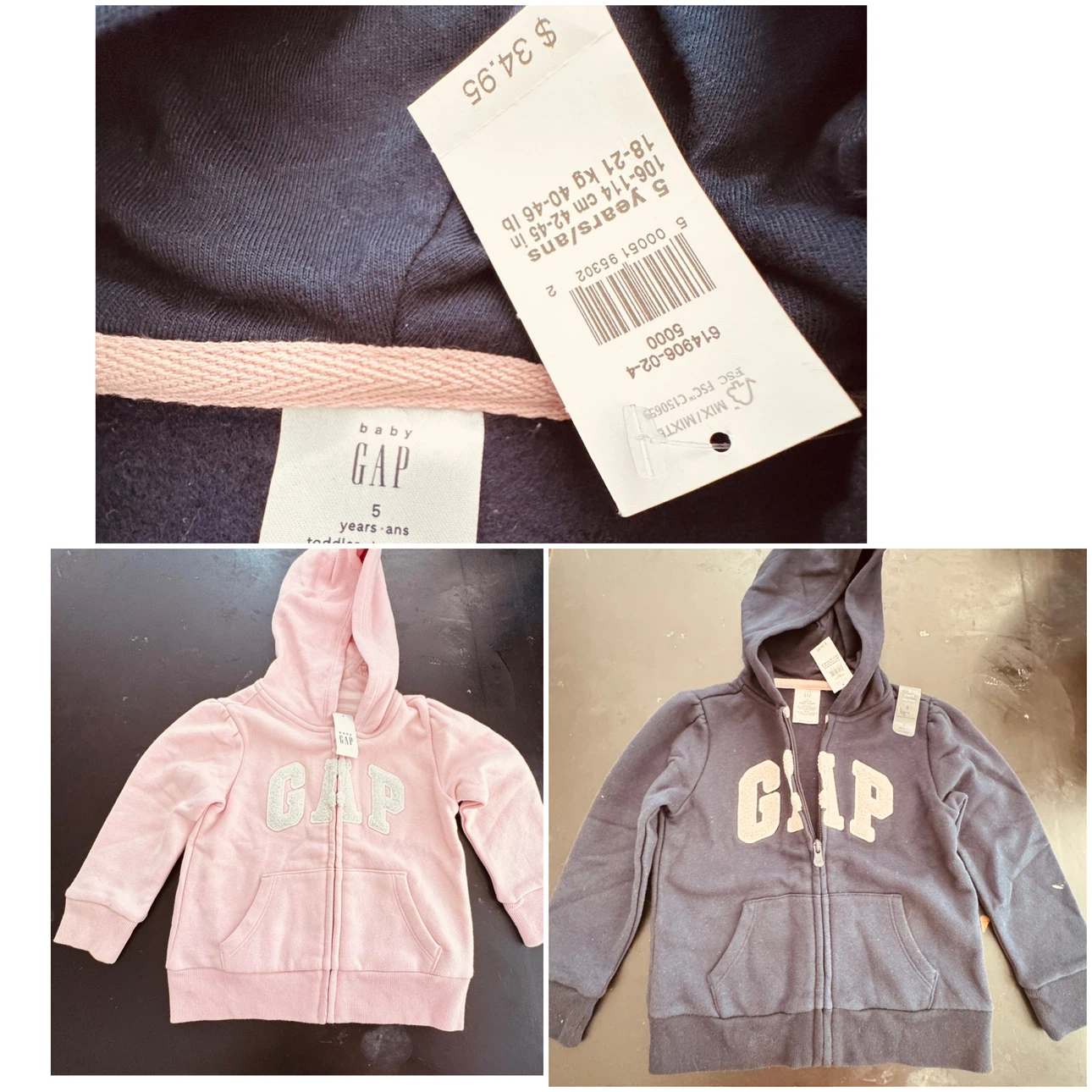 Baby GAP zip-up hoodies, size 5