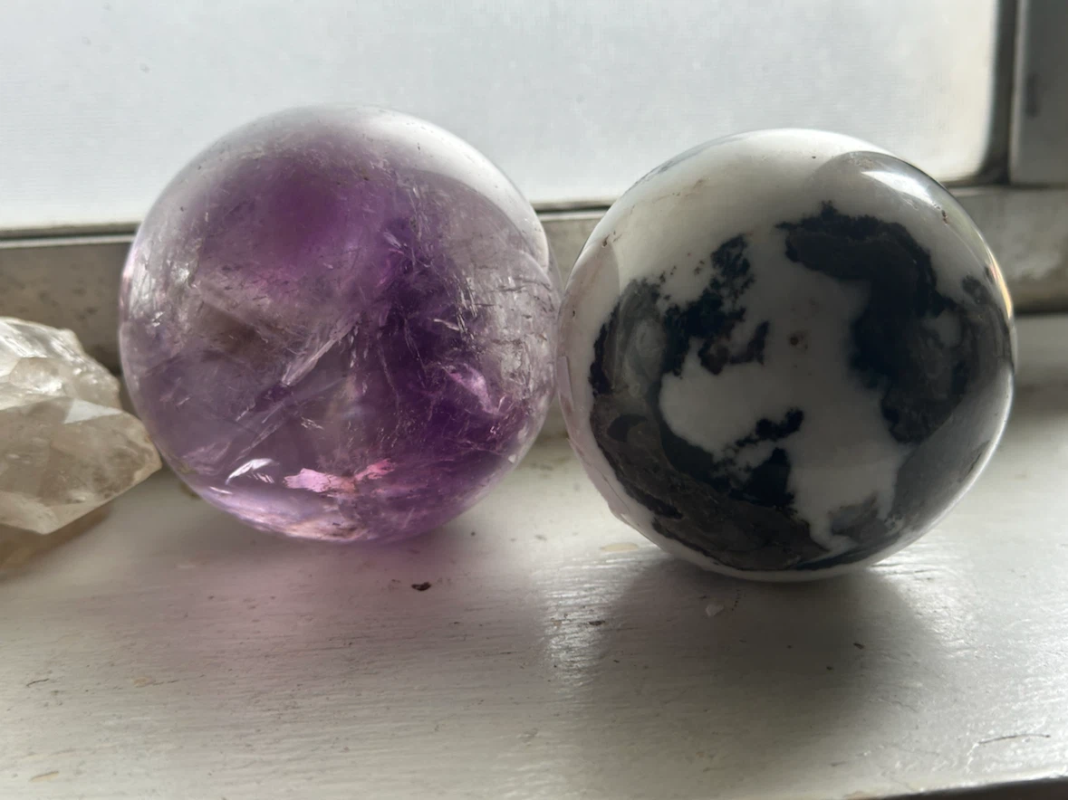 Vintage Amethyst & Zebra Jasper Crystal Sphere Duo